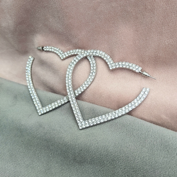 Earrings Hoop Earrings Big Hearts Shiny Crystal Rhinestone Silver Tone - Picture 2 of 12